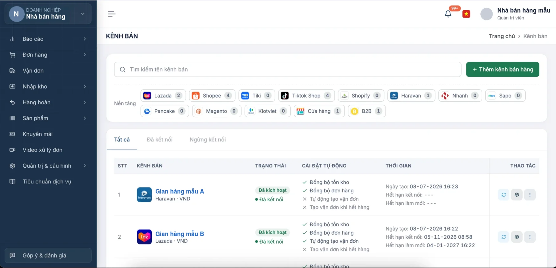 Màn hình quản lý kênh bán hàng trong Onflow OMS: Lazada, Shopee, Tiki, TikTok Shop, Haravan và các nền tảng khác
