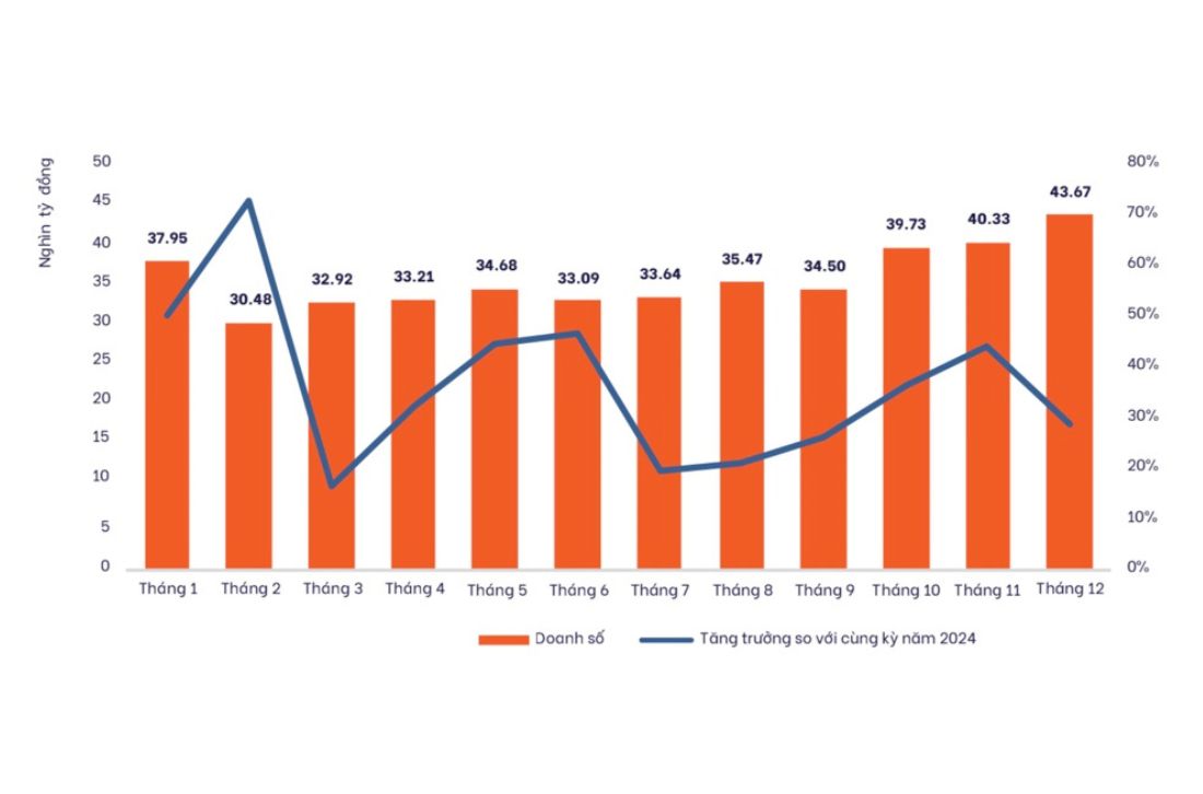 Biến động doanh số 4 sàn TMĐT theo tháng năm 2025