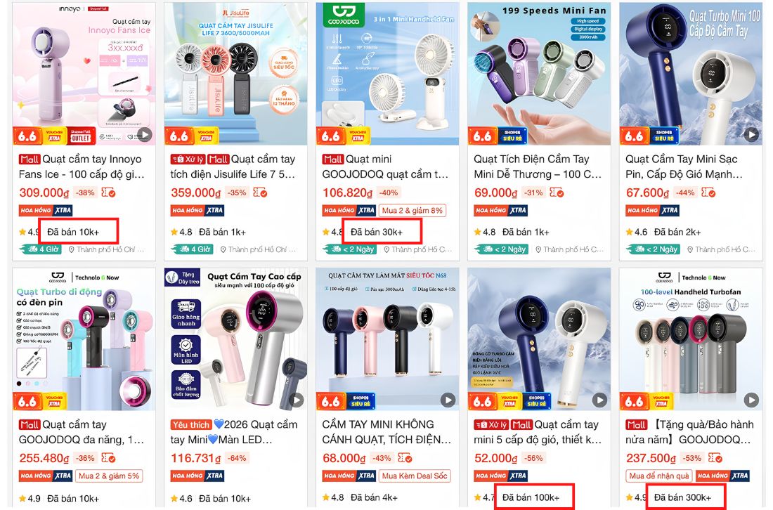 Lượt bán quạt điện cầm tay tăng mạnh trên sàn TMĐT (Nguồn: Hình ảnh được chụp trên sàn Shopee)