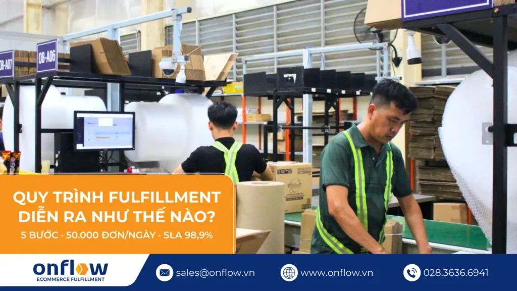 Nhân viên kho Fulfillment đóng gói đơn hàng tại khu xử lý đơn